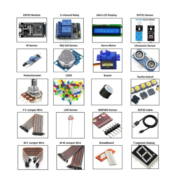 ESP32 IoT Kit for Beginners with sensors, relay, display, breadboard, and jumper wires by Shektronix