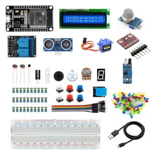ESP32 IoT Kit for Beginners with sensors, relay, display, breadboard, and jumper wires by Shektronix