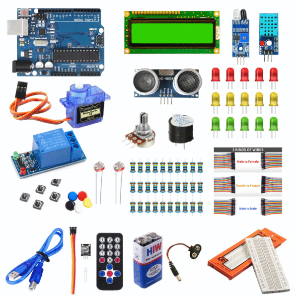 Arduino Starter Kit – Complete Beginner Learning Kit with Arduino UNO, sensors, LCD display, relay, servo motor, LEDs, breadboard and jumper wires by Shektronix